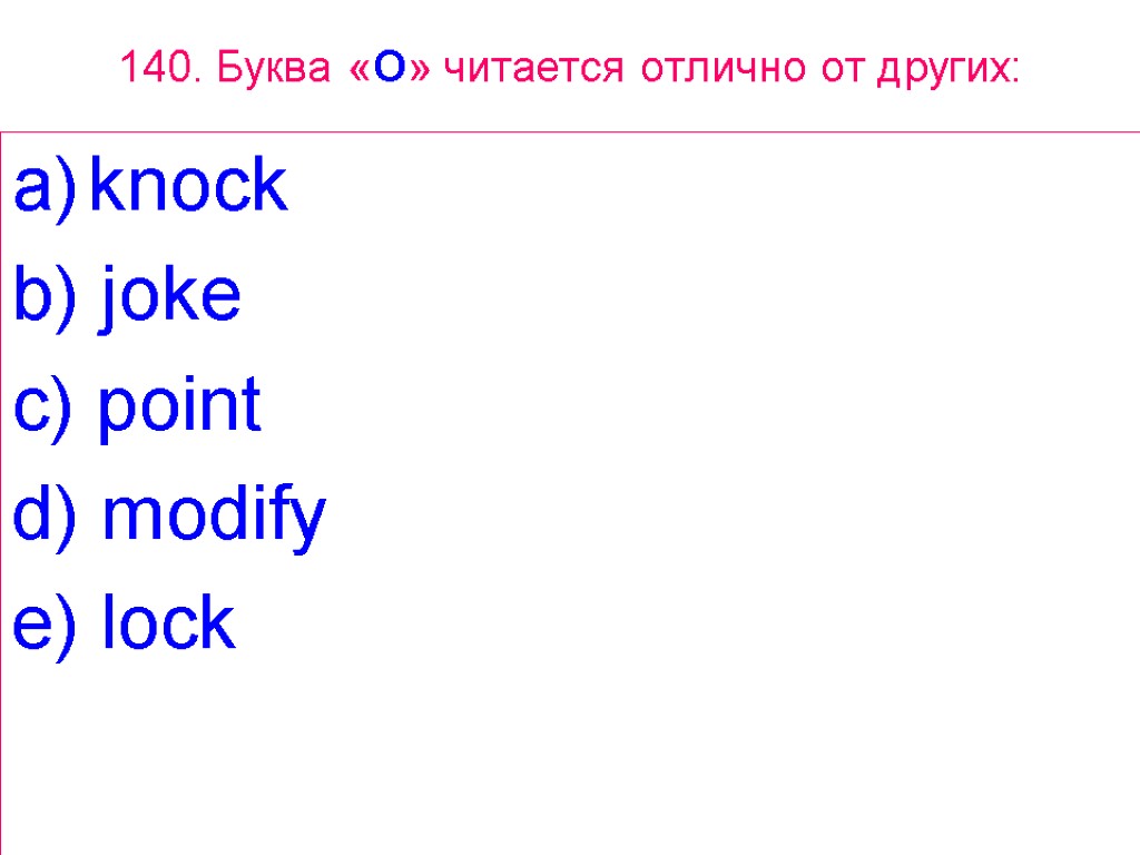 140. Буква «O» читается отлично от других: knock b) joke c) point d) modify